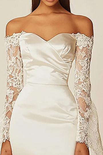 Off The Shoulder Lace Bodycon White Graduation Dress with Long Sleeves